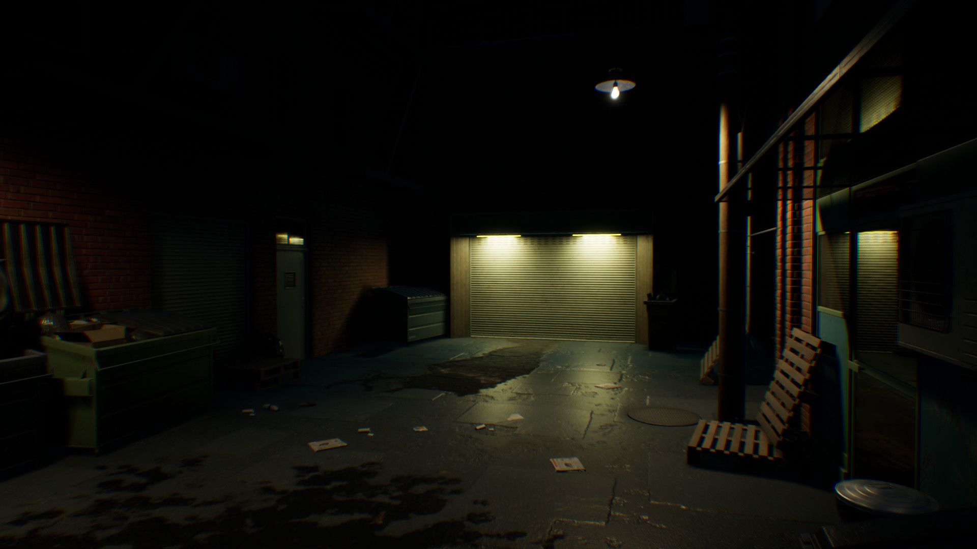 A dark back alley lit by a single lamp